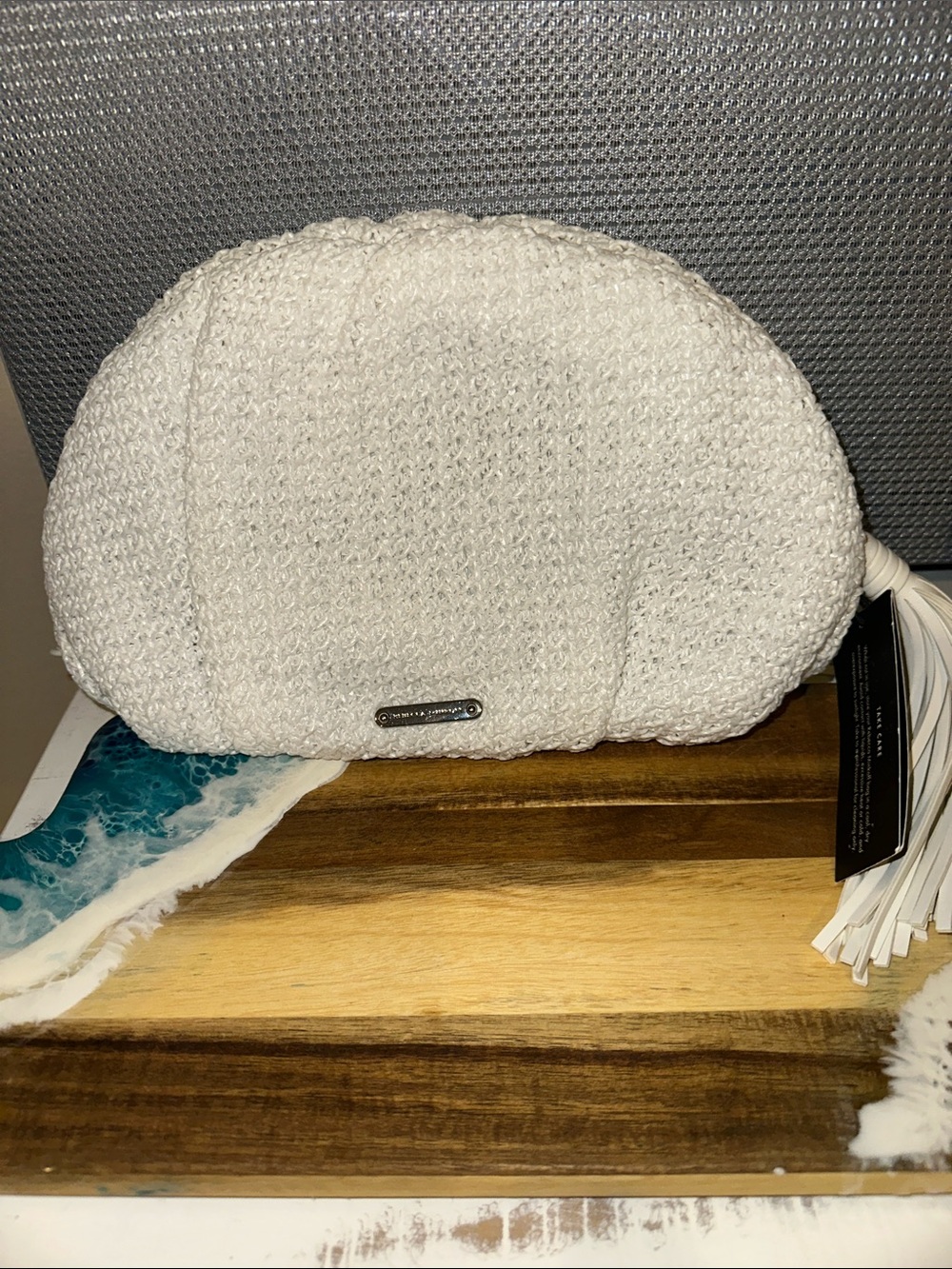 Rebecca Minkoff Cream Woven Tassel Clutch.